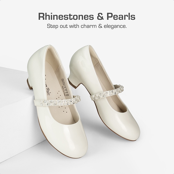 Girls' Rhinestone Mary Jane Low Heels - WHITE PAT - 1